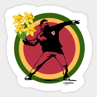 Welsh Banksy Man throwing Daffodils Sticker